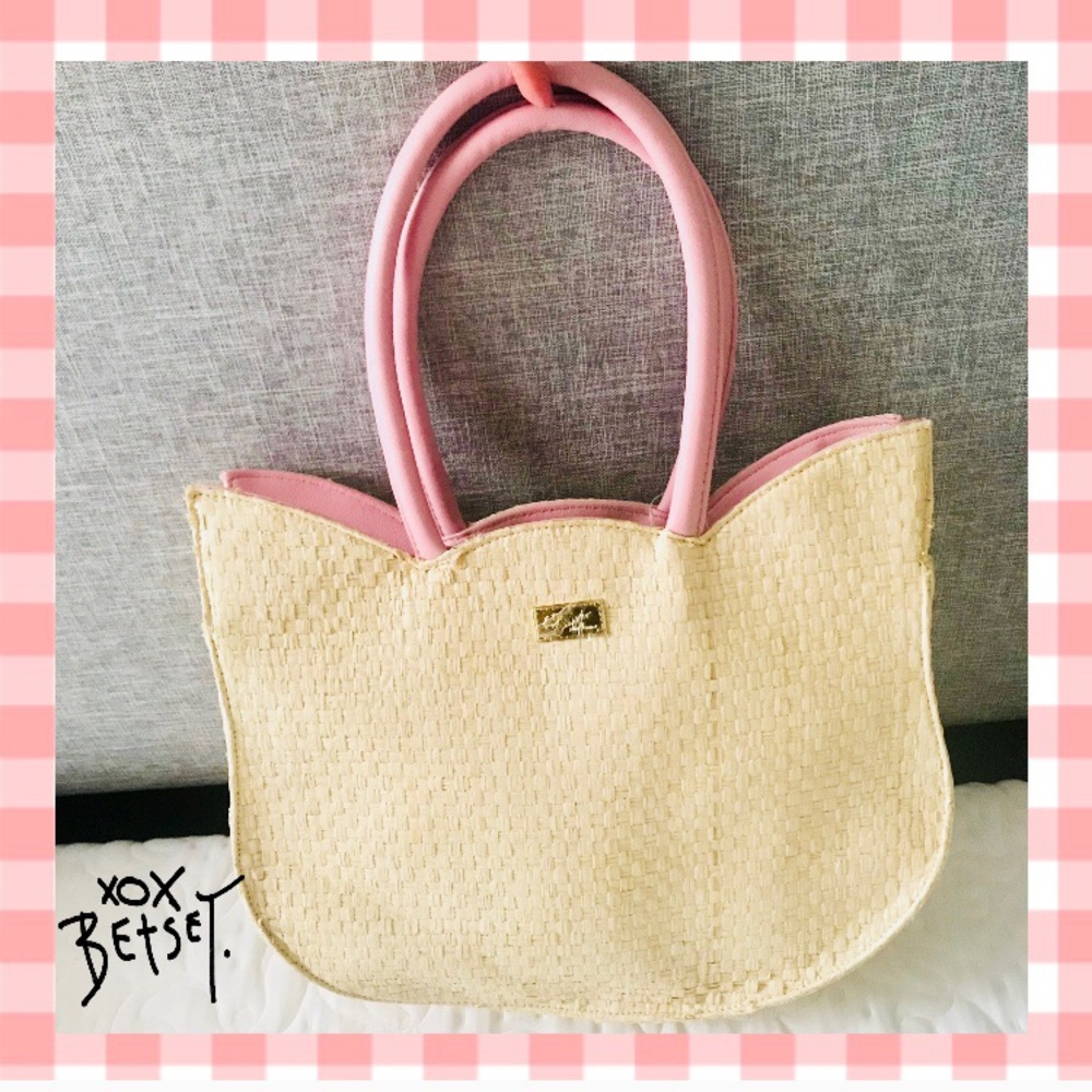 Betsey Johnson Pink Cat Woven Straw Litch Tote - Picture 3 of 8